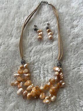 Peach Pearl Necklace and Mexican Silver Earring Set — Women’s Jewelry